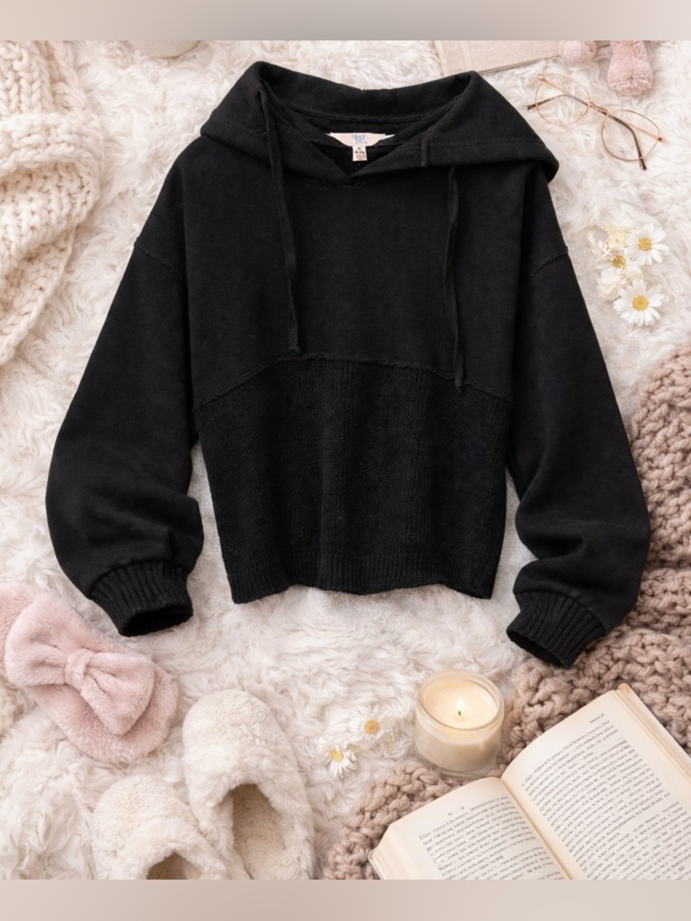 Soft and flattering black sweater with a draped cowl-style neckline 🖤